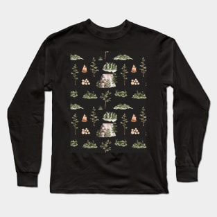 Cabin Forest Seamless Pattern Black Long Sleeve T-Shirt